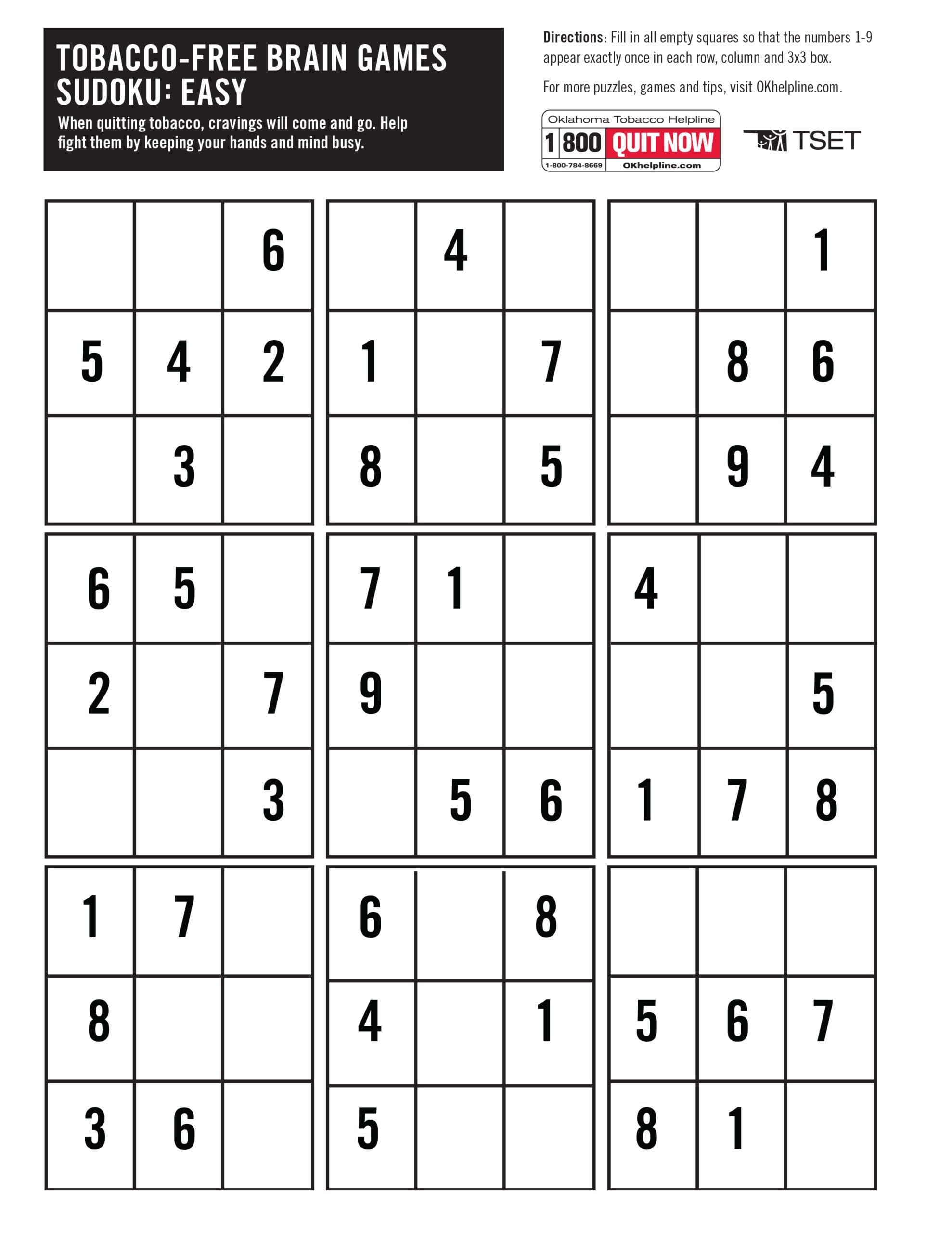 Free Sudoku Puzzles | Printable | Oklahoma Tobacco Helpline with Free Sodoku Puzzles Printable