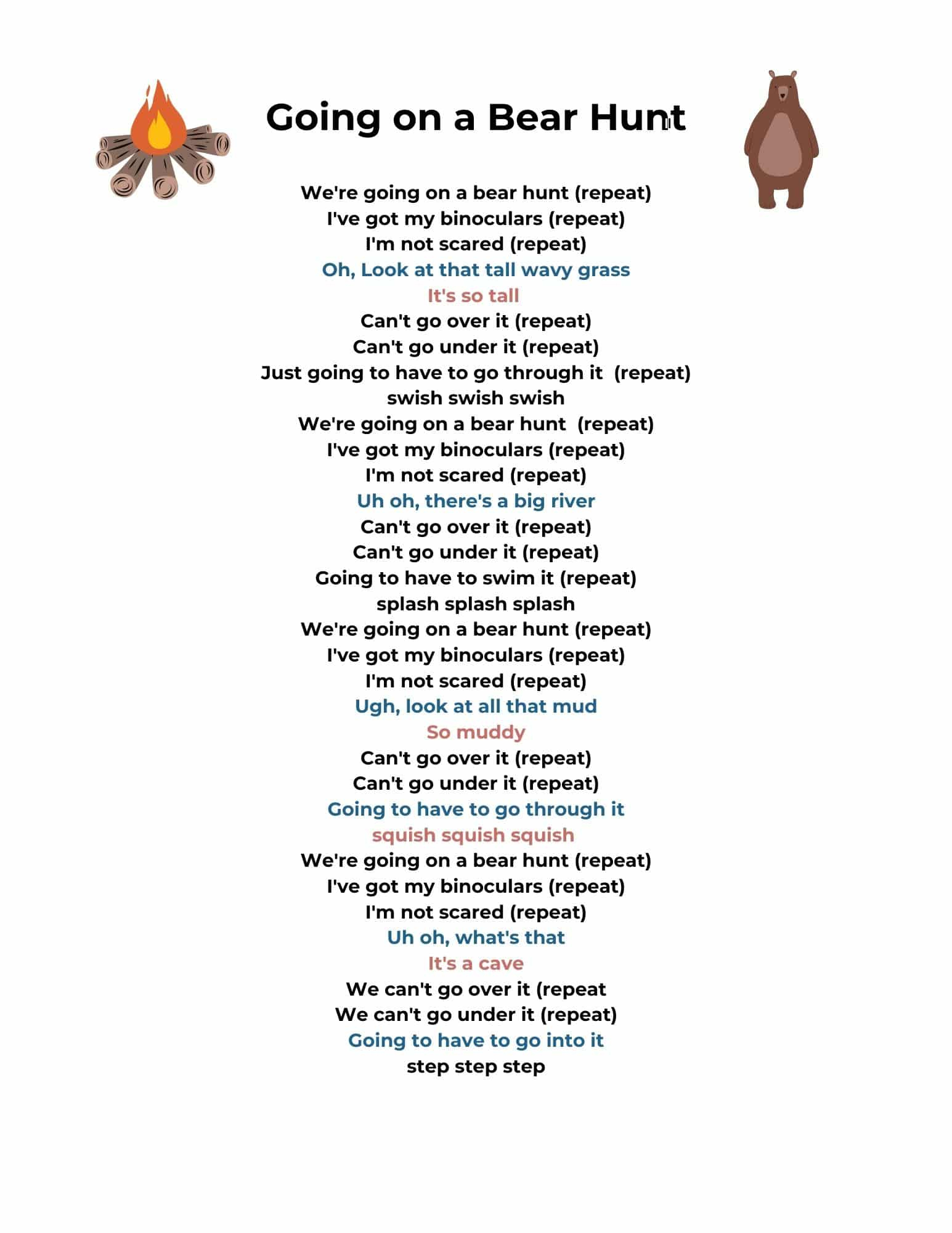 Going On A Bear Hunt: Campfire Song - Frugal Camping Family inside Going on a Bear Hunt Lyrics Printable