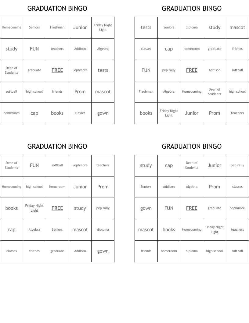Graduation Bingo Cards - Wordmint regarding Graduation Bingo Free Printable