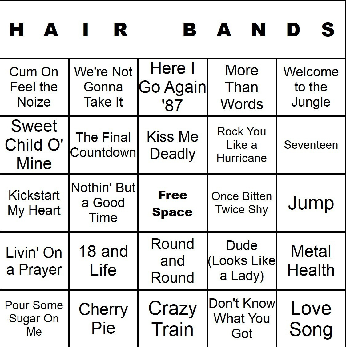 Hair Bands 100 Music Bingo Cards Printed And Laminated With inside Music Bingo Cards Printables