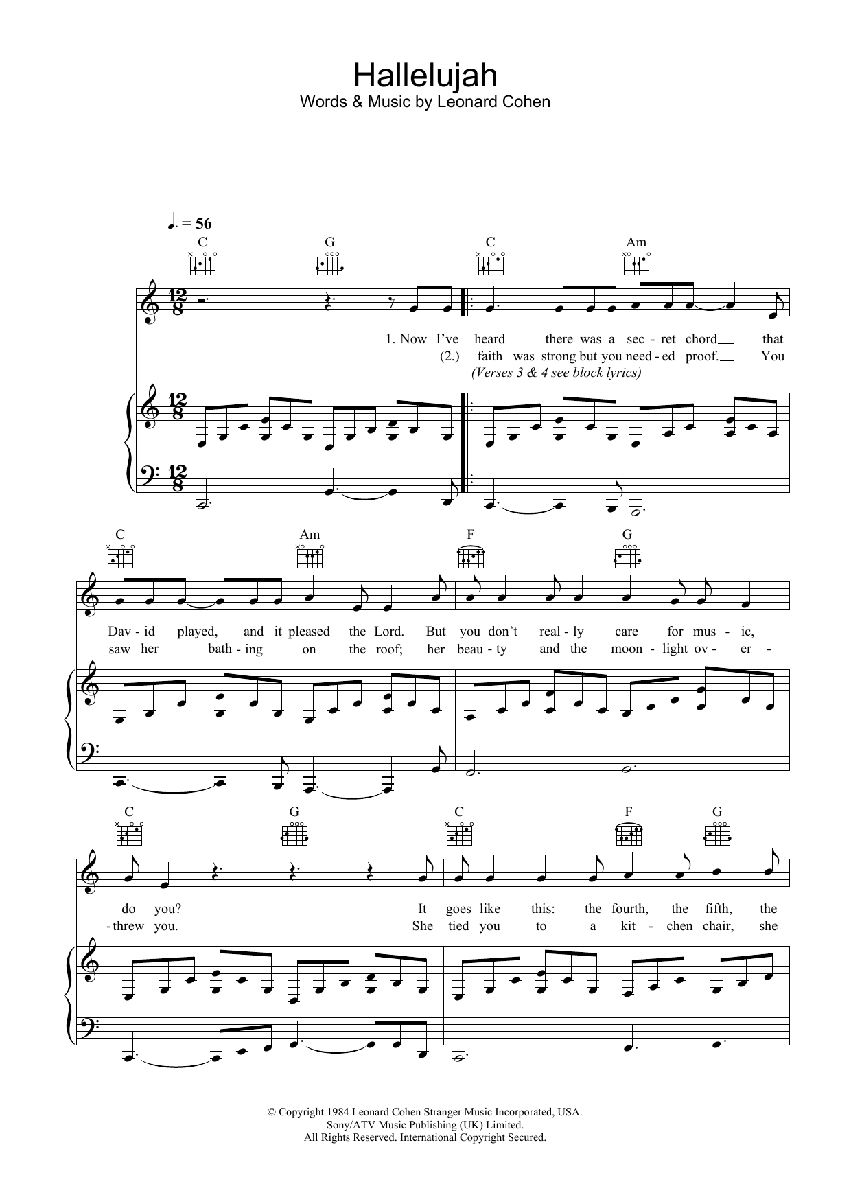 Hallelujah Sheet Musicleonard Cohen For Piano/Keyboard And throughout Hallelujah Sheet Music For Piano Free Printable