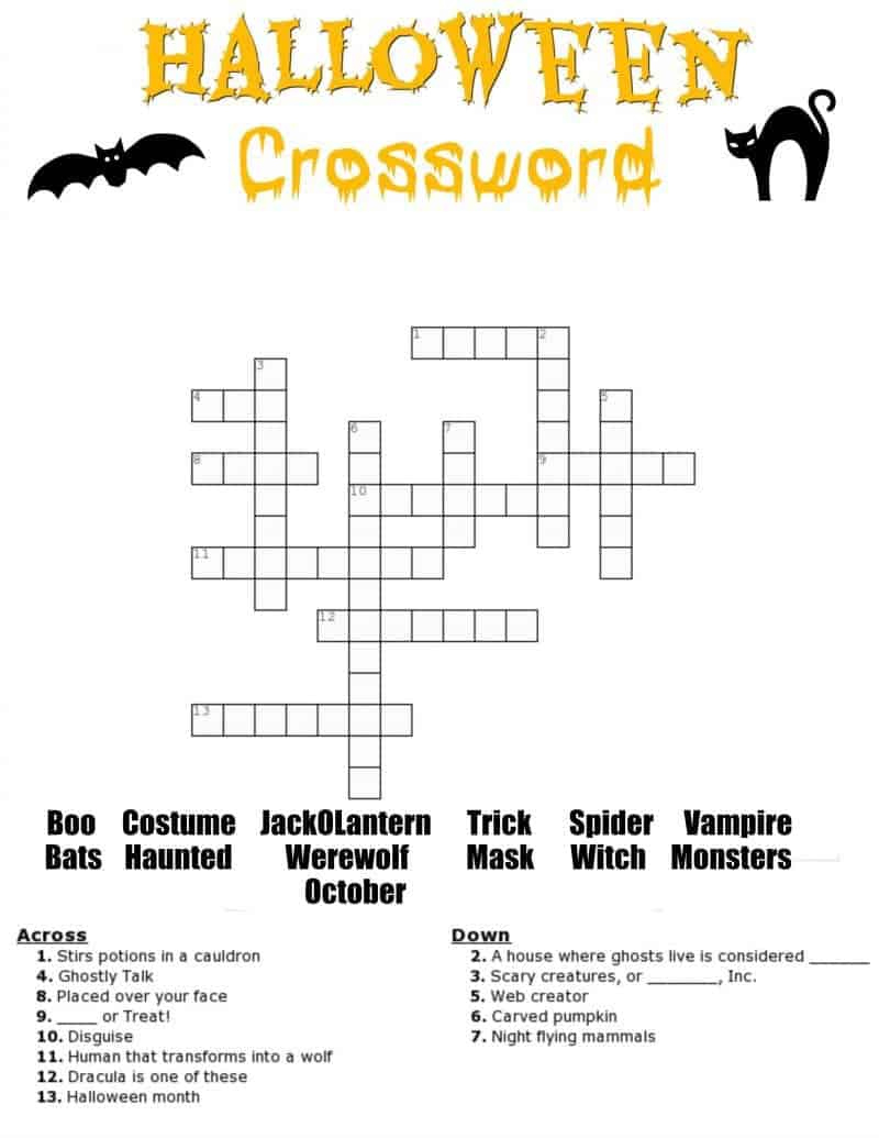 Halloween Crossword Printable (With Or Without Word Bank) within Halloween Crossword Printable