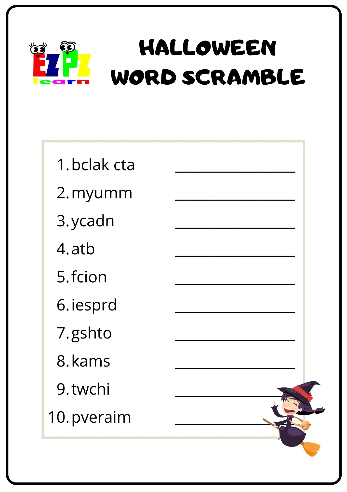 Halloween Word Scramble - Ezpzlearn with Free Printable Halloween Word Scramble