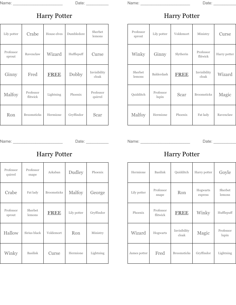 Harry Potter Bingo Cards - Wordmint in Harry Potter Bingo Card