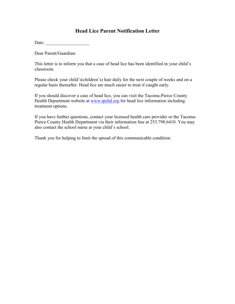 Head Lice Parent Notification Letter inside Printable Head Lice Notice To Parents