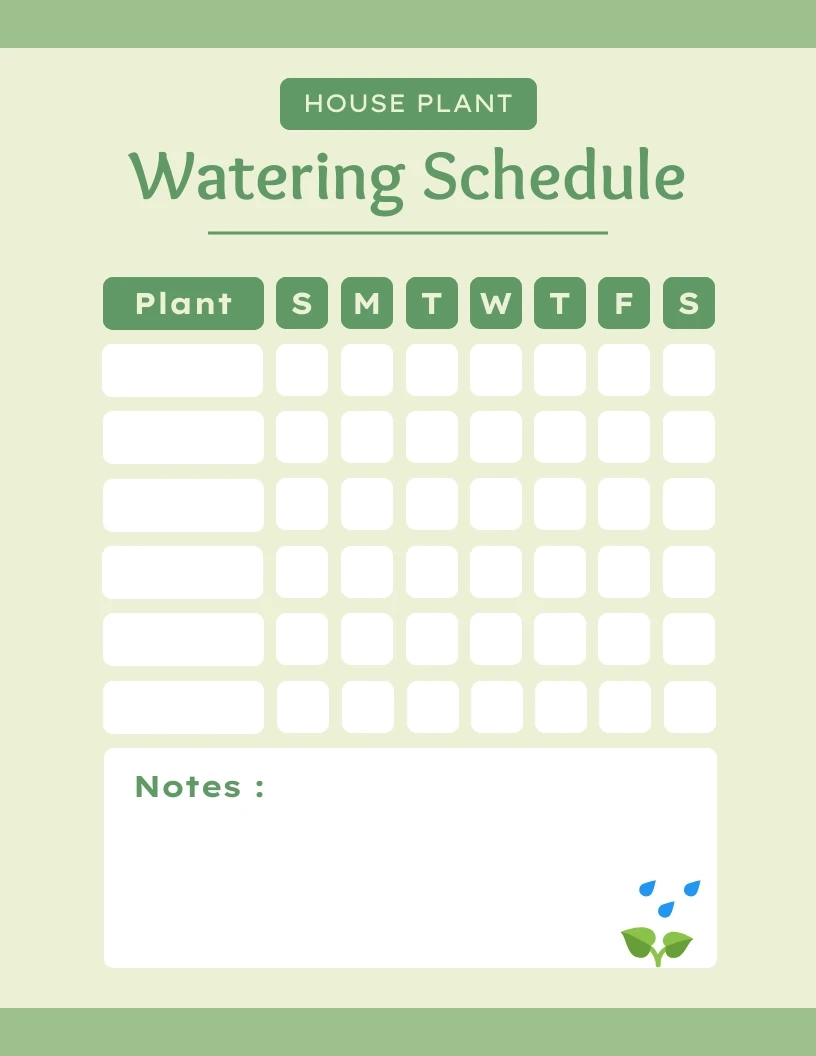 Hellgrün Einfaches Haus Pflanze Bewässerung Zeitplan Vorlage pertaining to Printable Plant Watering Schedule Template