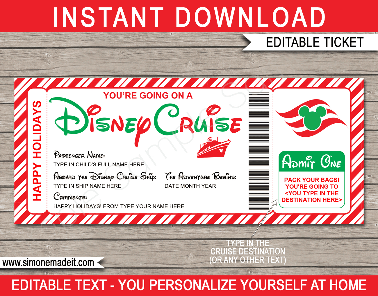 Holiday Disney Cruise Boarding Pass with Free Printable Disney Cruise Ticket