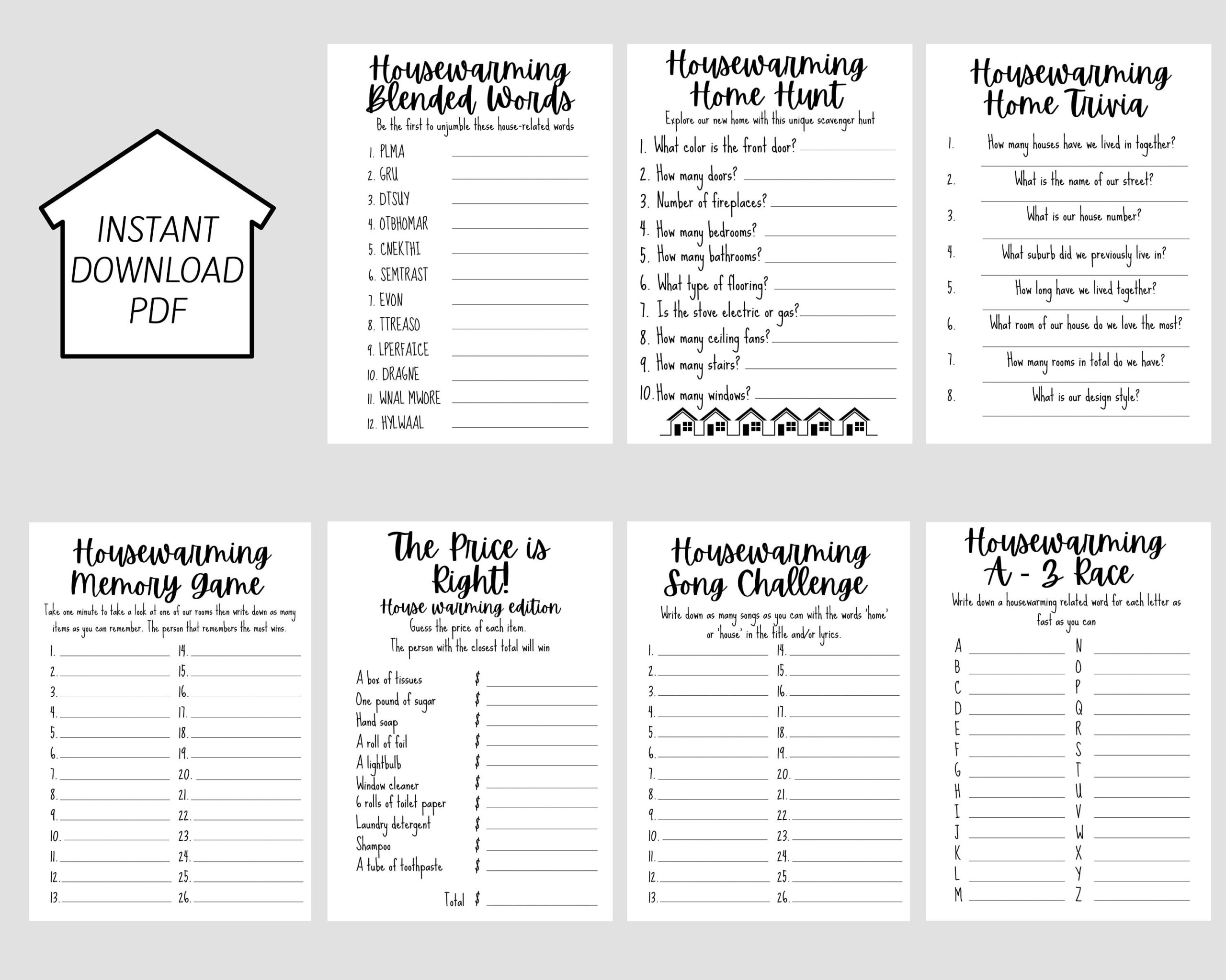 Housewarming Games Pack - 7 Games - Pdf Instant Download with regard to Housewarming Games Printable Free