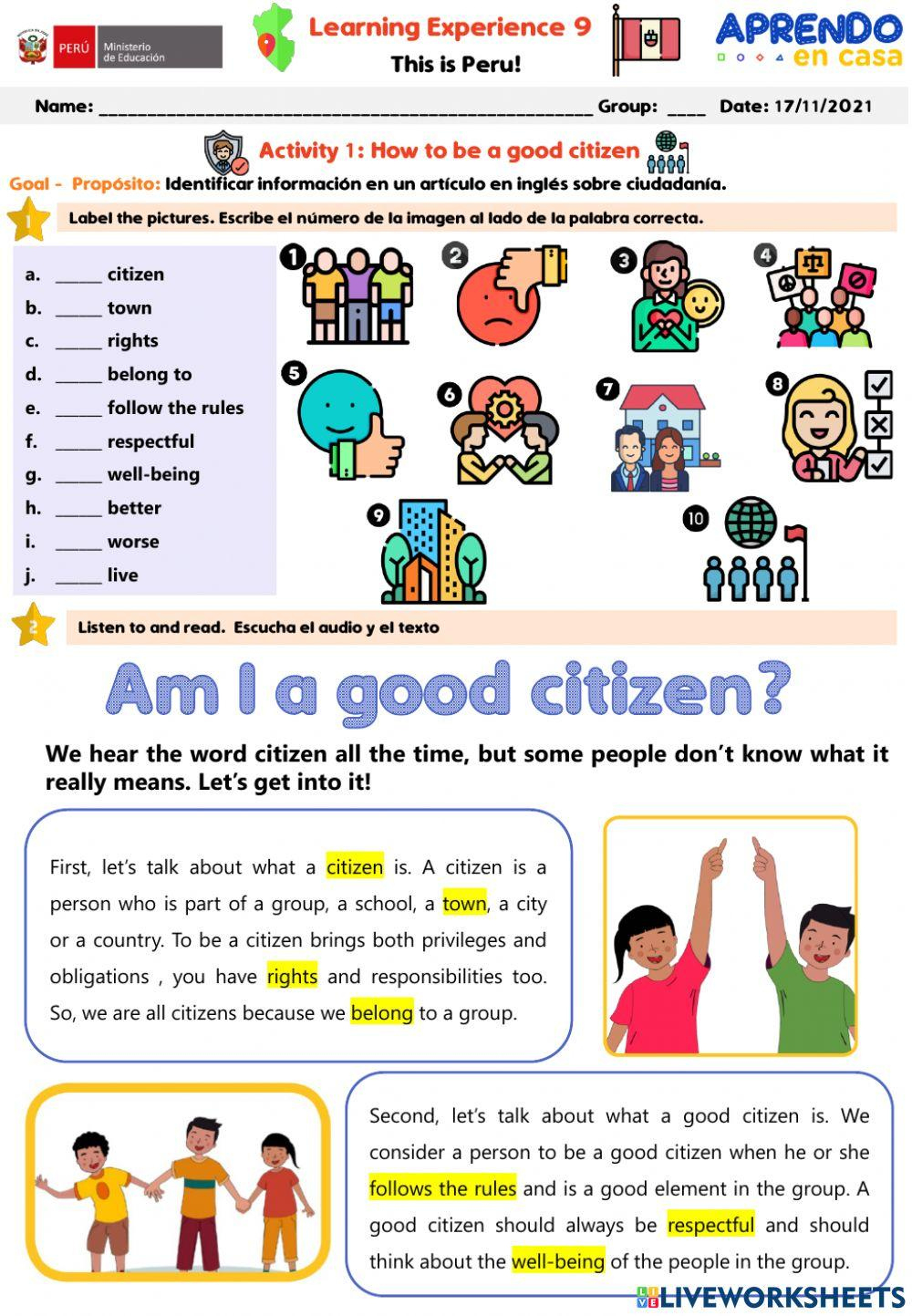 How To Be A Good Citizen Activity 1 Learning Experience 9 A2 with Free Printable Worksheets on Being a Good Citizen