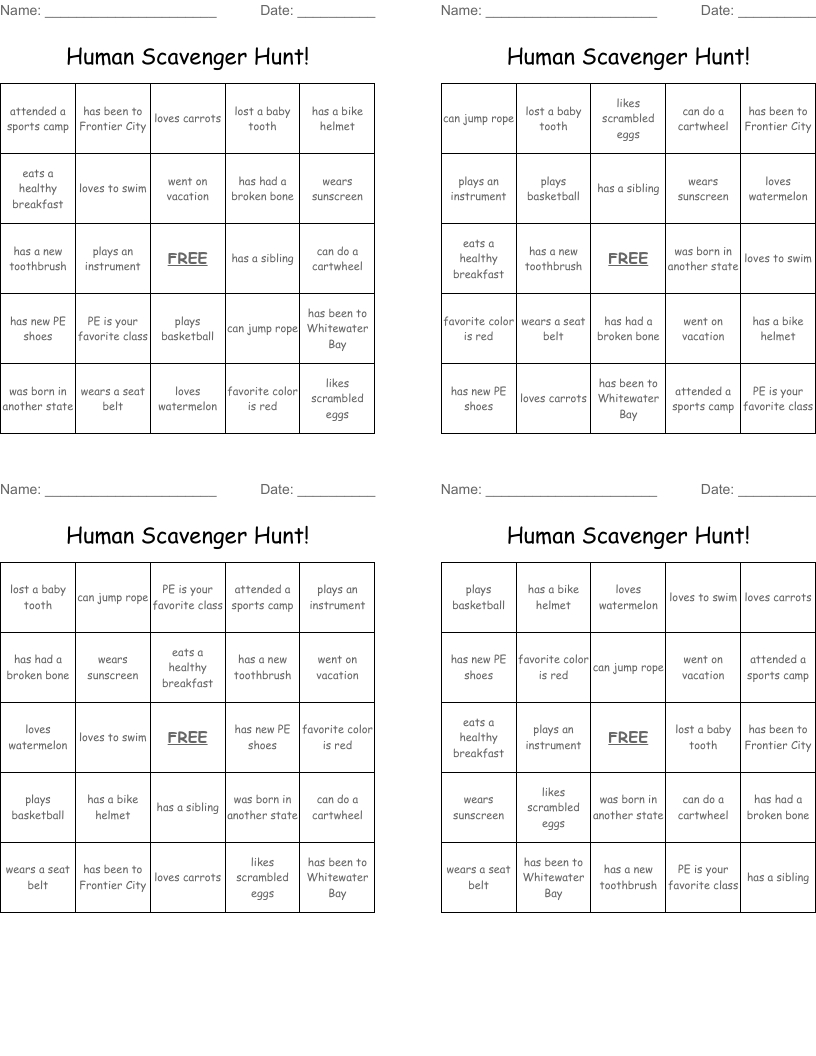 Human Scavenger Hunt! Bingo Cards - Wordmint regarding Scavenger Hunt Bingo Cards