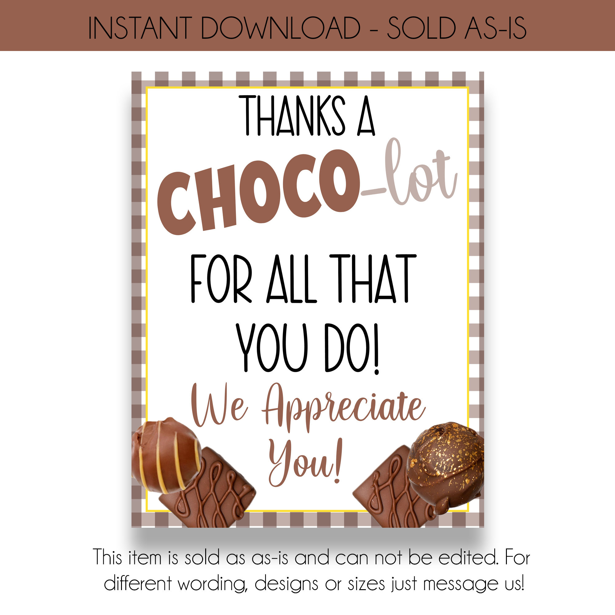 Instant Dowload | Thanks A Choco-Lot For All You Do Appreciation inside Thanks A Choco Lot Free Printable