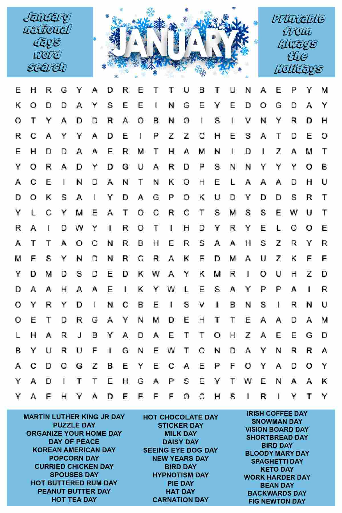 January Word Search Printable - National Day Word Find Puzzle regarding January Word Search Printable