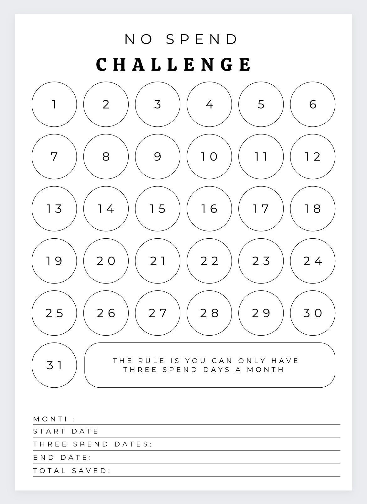 Keine Spend Month-Challenge, Ausgaben, Kein Spend-Tracker, Spar regarding No Spend Month Printable