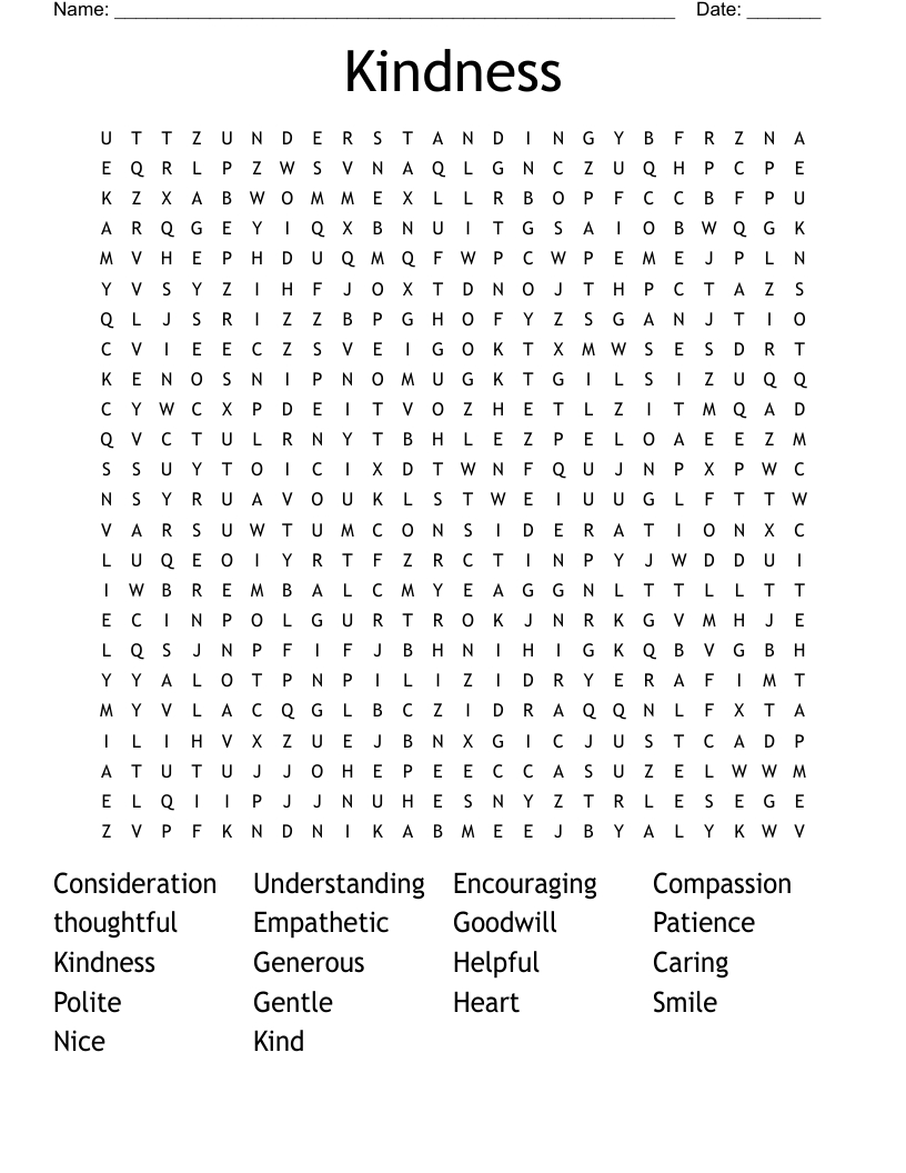 Kindness Word Search - Wordmint within Kindness Word Search Printable