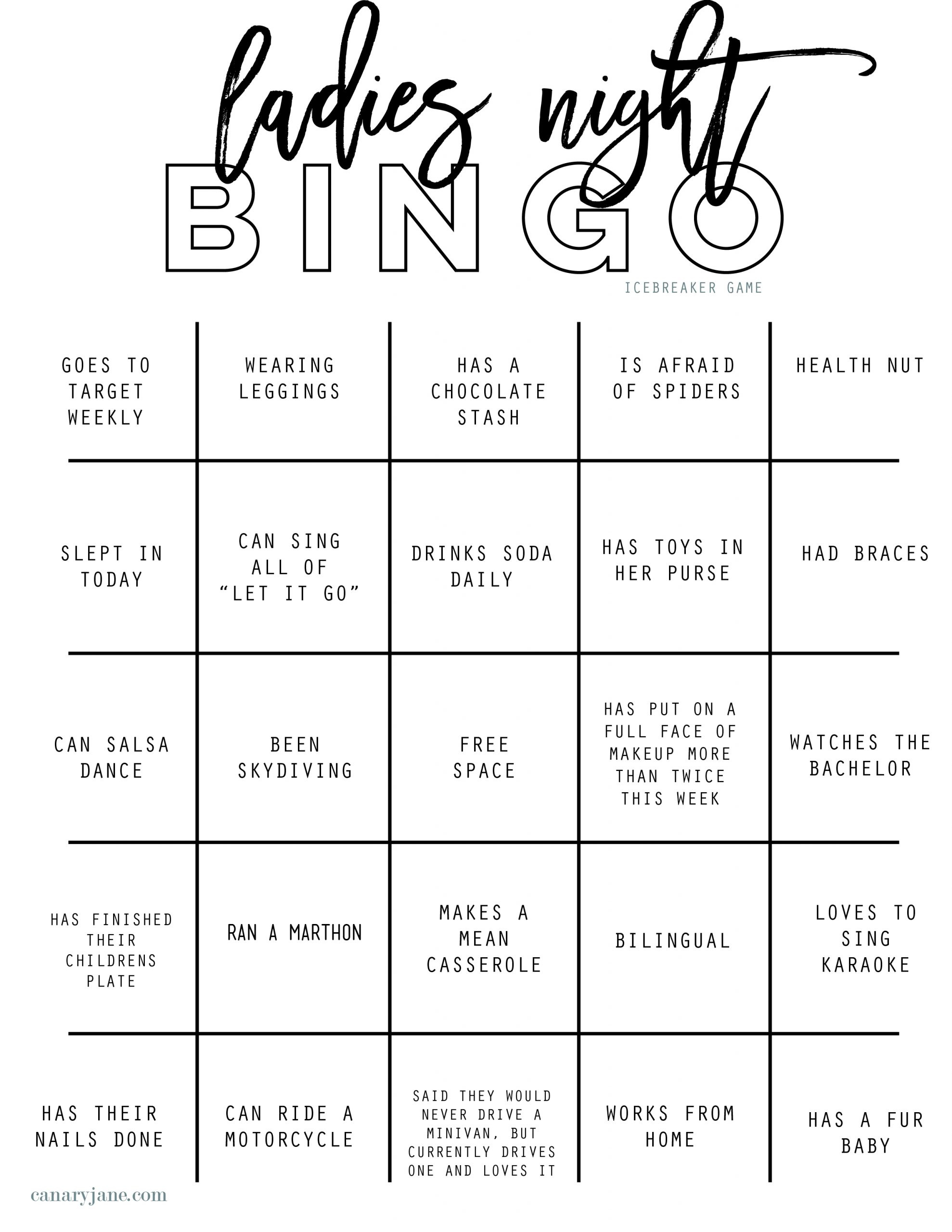 Ladies Night Ice Breaker Card – Canary Jane throughout Ladies Night Printable Games