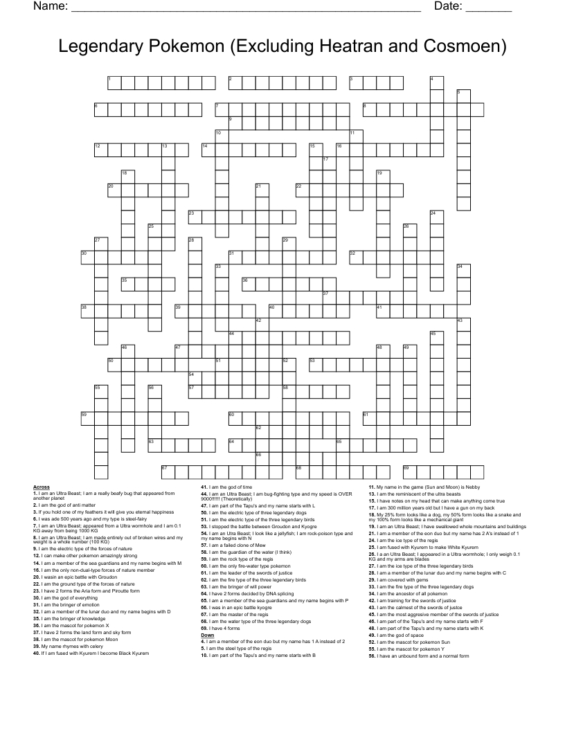 Legendary Pokemon (Excluding Heatran And Cosmoen) Crossword - Wordmint inside Pokemon Crossword Printable