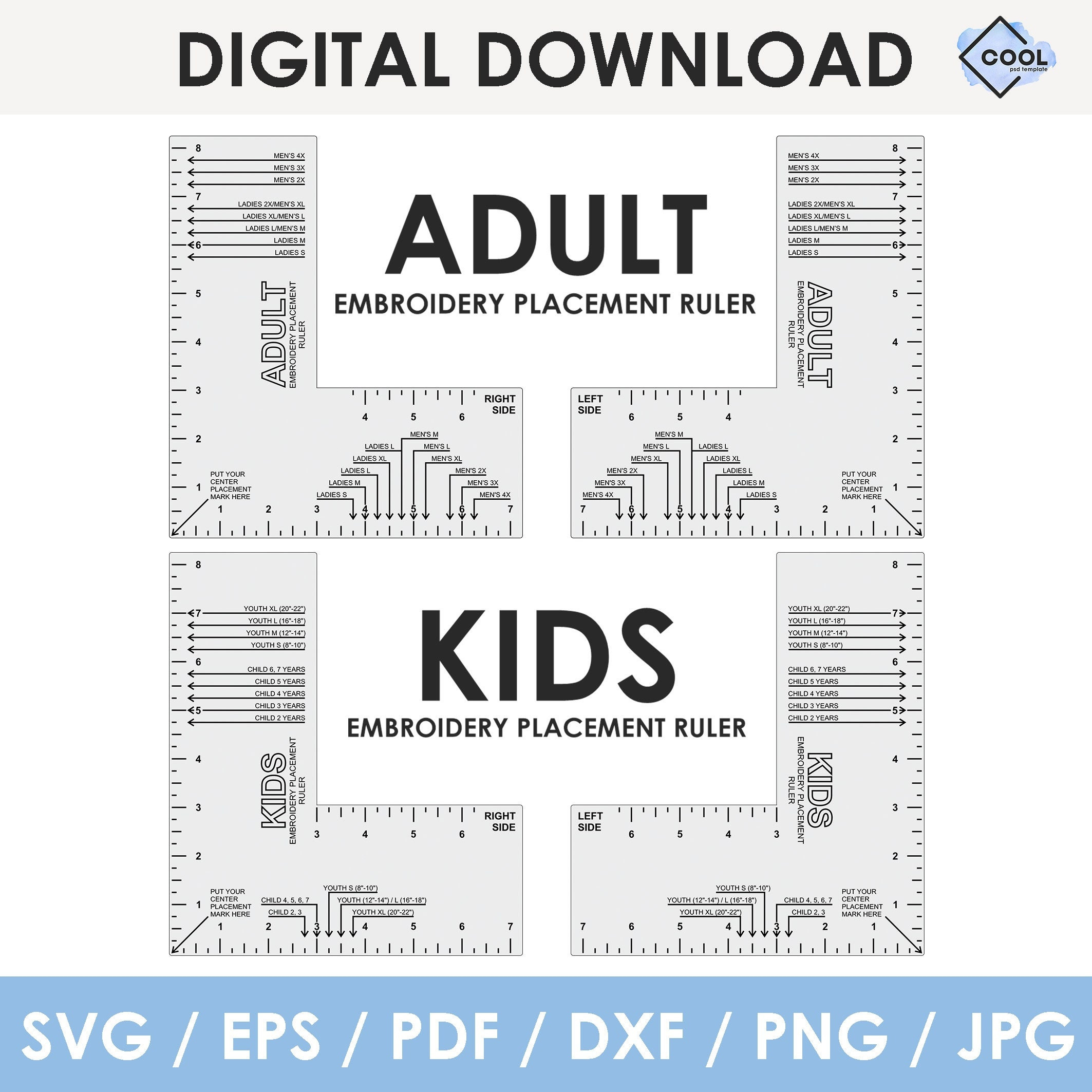Machine Embroidery Logo Placement Ruler Guides, Bundle, Adult + for Printable Embroidery Placement Guide