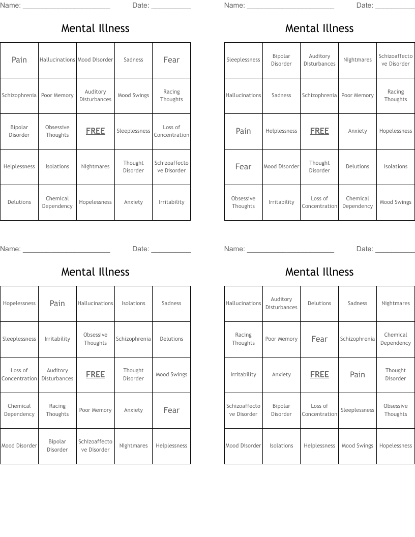 Mental Illness Bingo Cards - Wordmint intended for Mental Illness Bingo Card