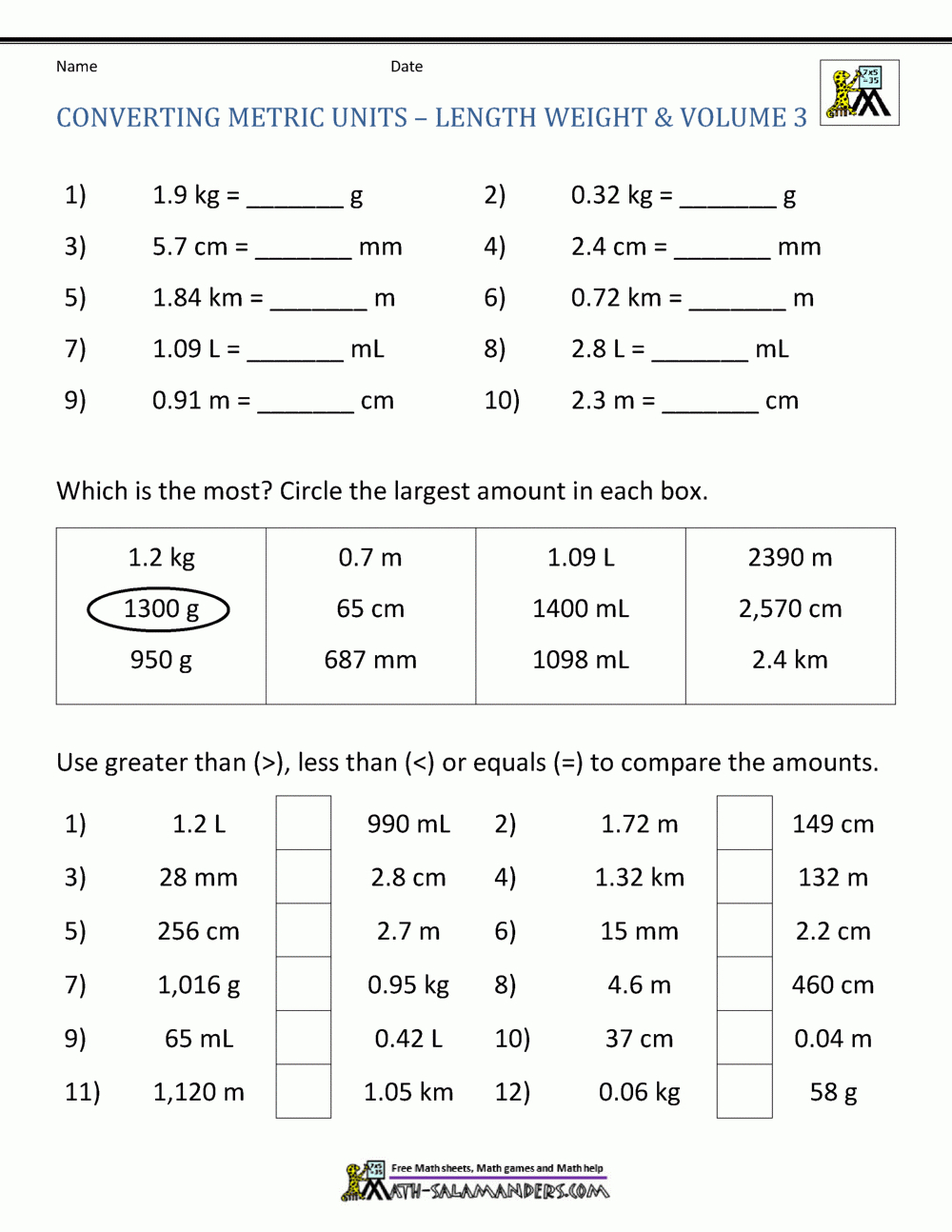 Metric Conversion Worksheet for Metric Measurement Worksheet Printable