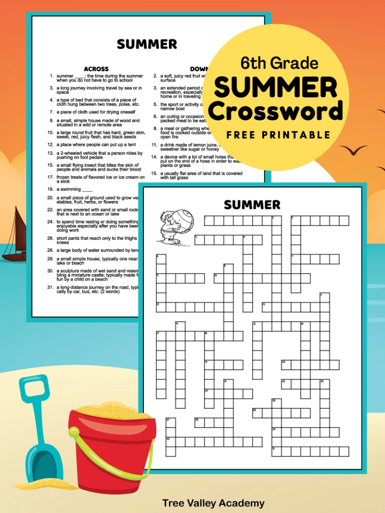Middle School Summer Crossword Puzzle - Tree Valley Academy with Summer Crossword Puzzle Printable