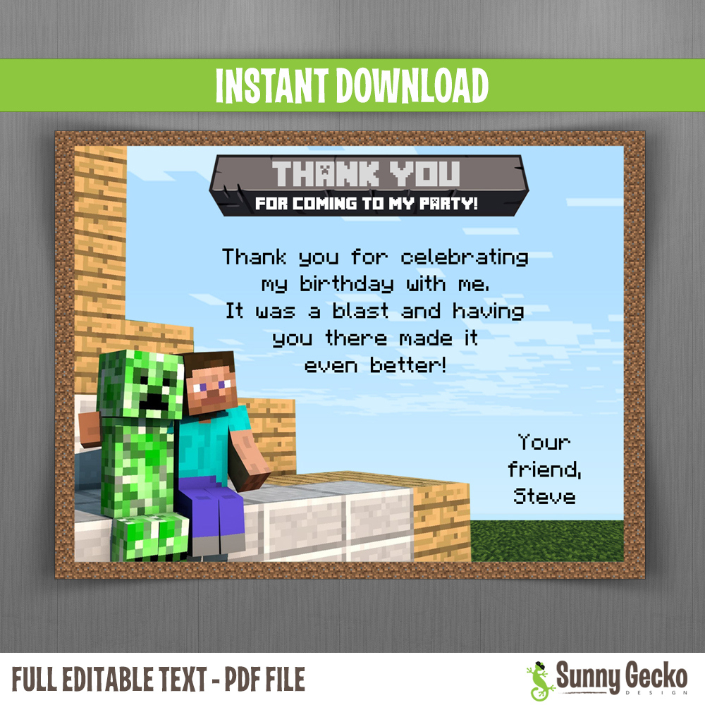 Minecraft Birthday Thank You Cards - Instant Download And Edit inside Free Printable Minecraft Thank You Tags