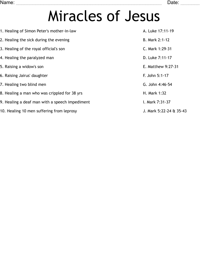 Miracles Of Jesus Worksheet - Wordmint pertaining to Free Printable Miracles of Jesus