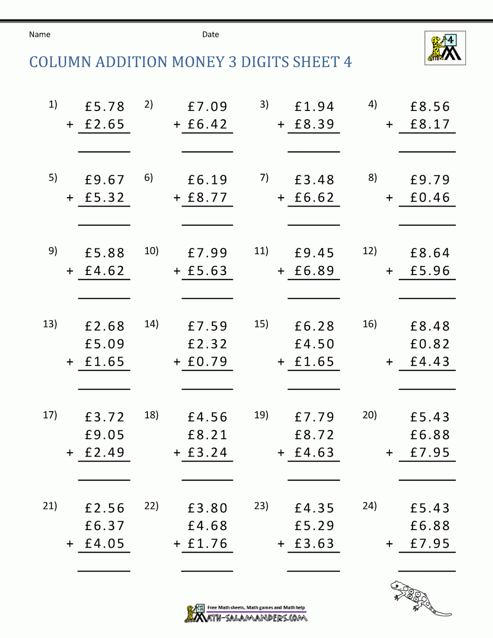Money Addition Worksheets Uk Money pertaining to Easy Column Addition Worksheet