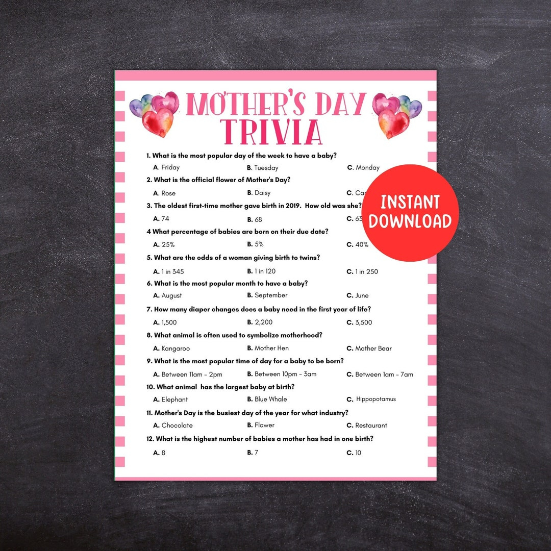 Mothers Day Trivia Game, Printable Mothers Day Game, Trivia Game in Mother&amp;amp;#039;s Day Trivia Questions and Answers Printable