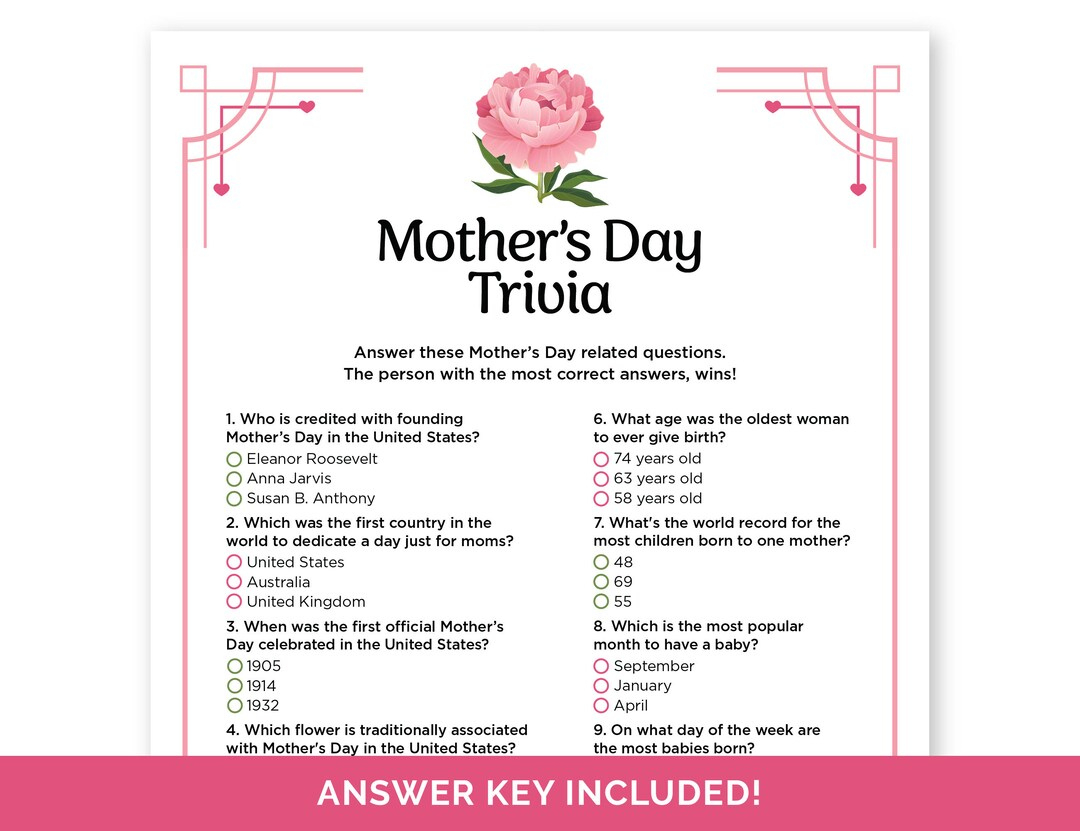 Mother&amp;#039;S Day Trivia Game, Printable Mother&amp;#039;S Day Quiz For Adults for Mother&amp;#039;S Day Trivia Questions And Answers Printable