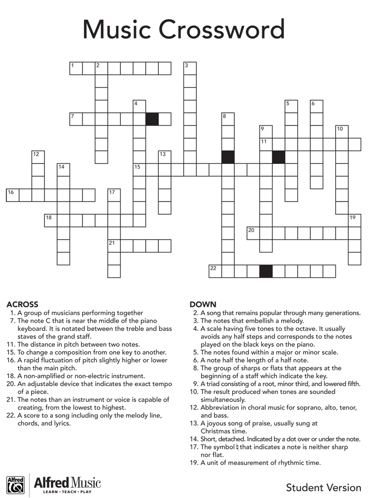 Music Crossword Puzzle Activity throughout Printable Crossword Puzzles Music