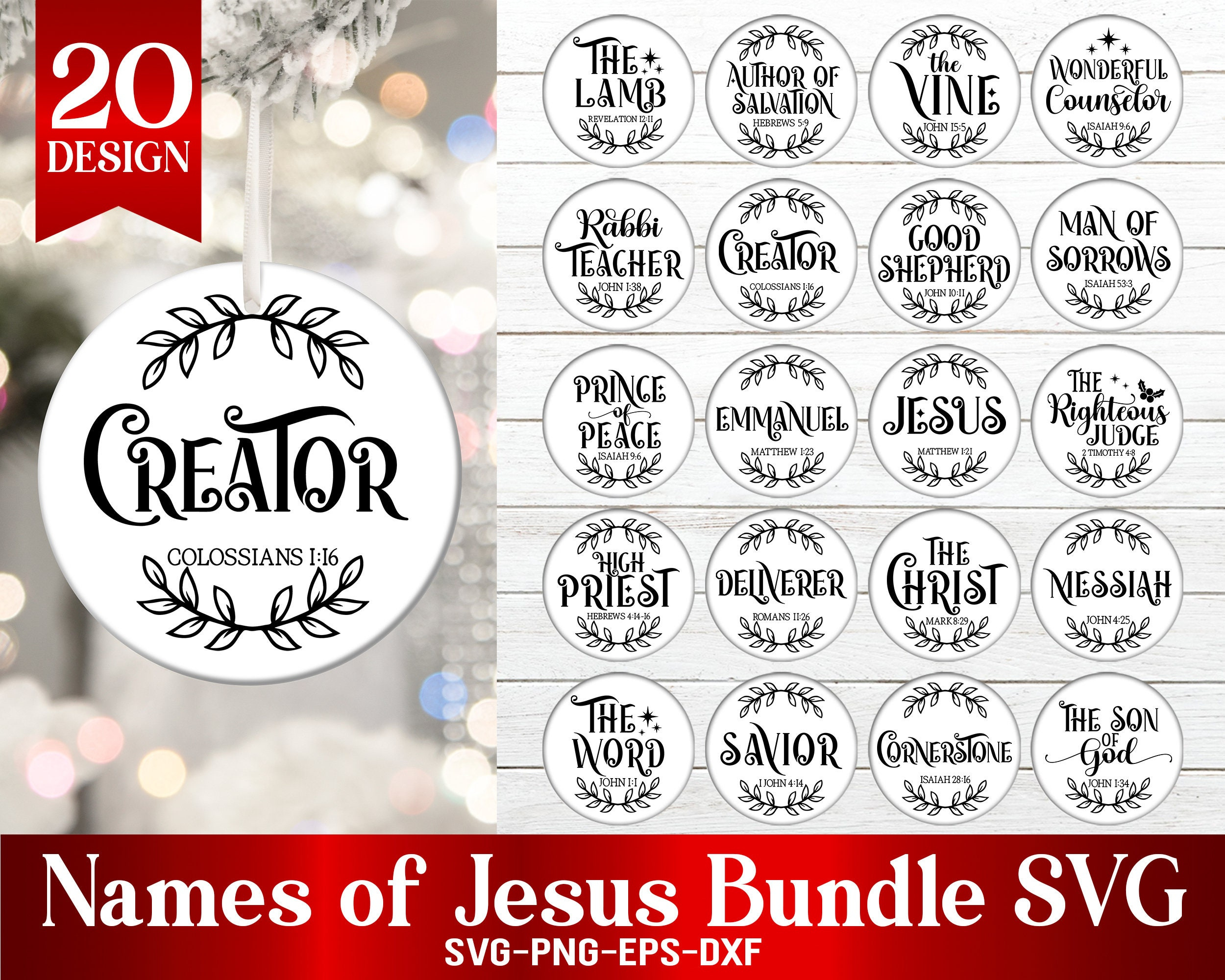 Names Of Jesus Christmas Ornament Svg Bundle, Religious Christmas with Names of Jesus Printable Ornaments