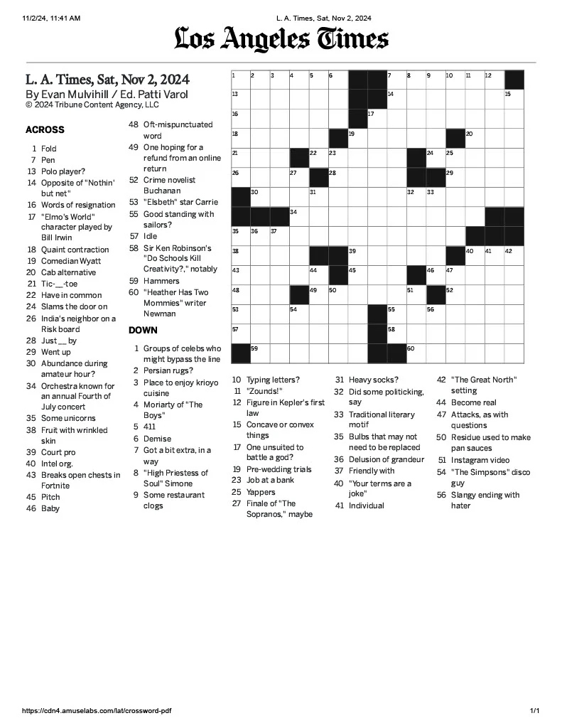 New Crossword Published In The La Times Today! (Saturday, November pertaining to La Times Crossword Printable Free