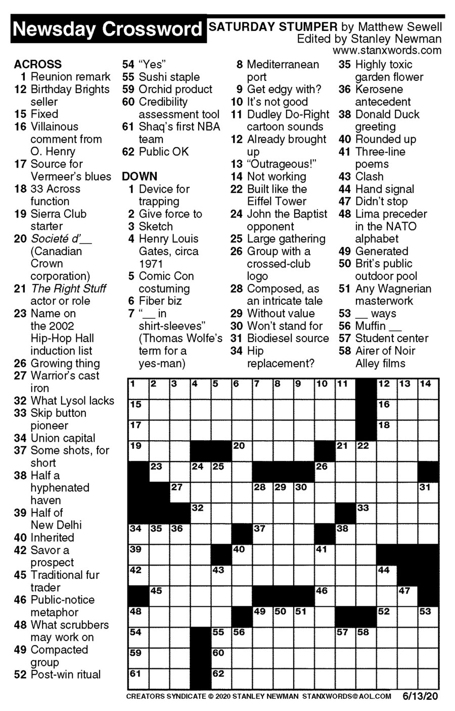 Newsday Crossword Puzzle For Jun 13, 2020,Stanley Newman intended for Stanley Newman Printable Crossword Puzzles