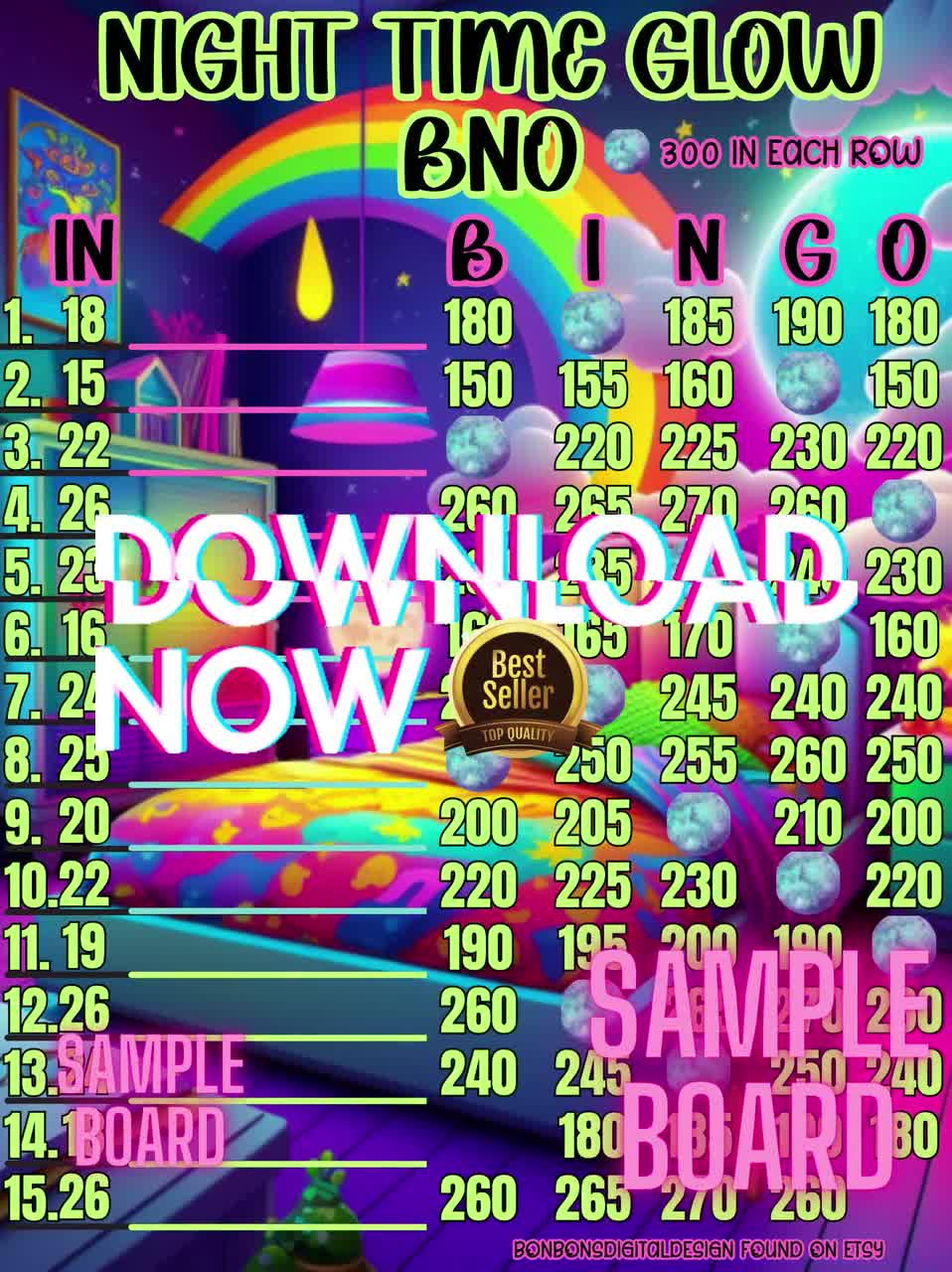 Night Time Glow 300 In Each Row Pyp 15 Line Bingo Board, Neon Glow Bingo Board inside Glow in the Dark Bingo Cards