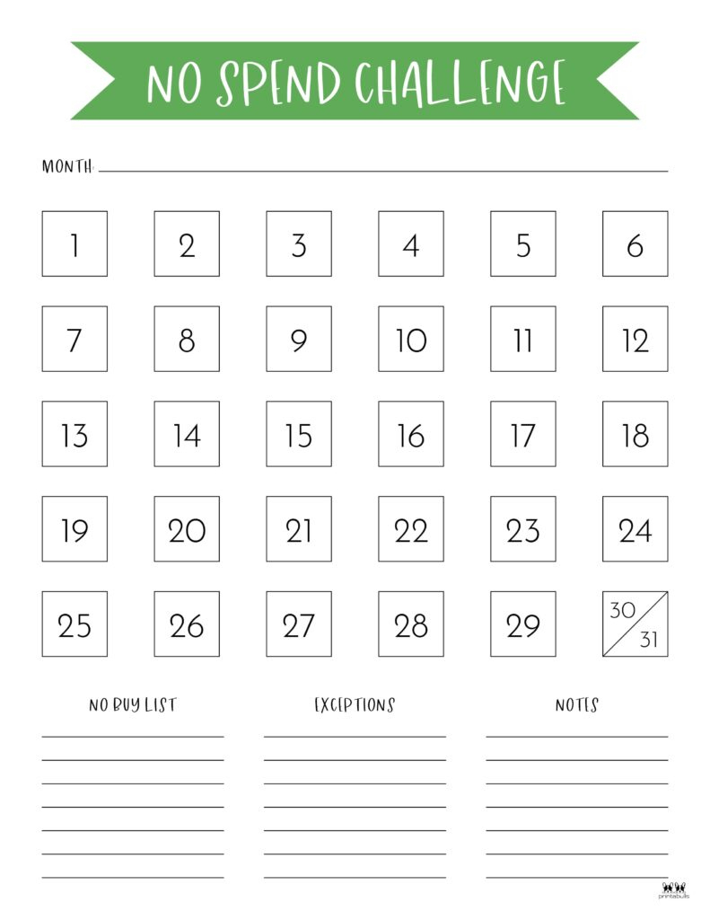 No Spend Challenge Printables | Printabulls for No Spend Tracker Free Printable