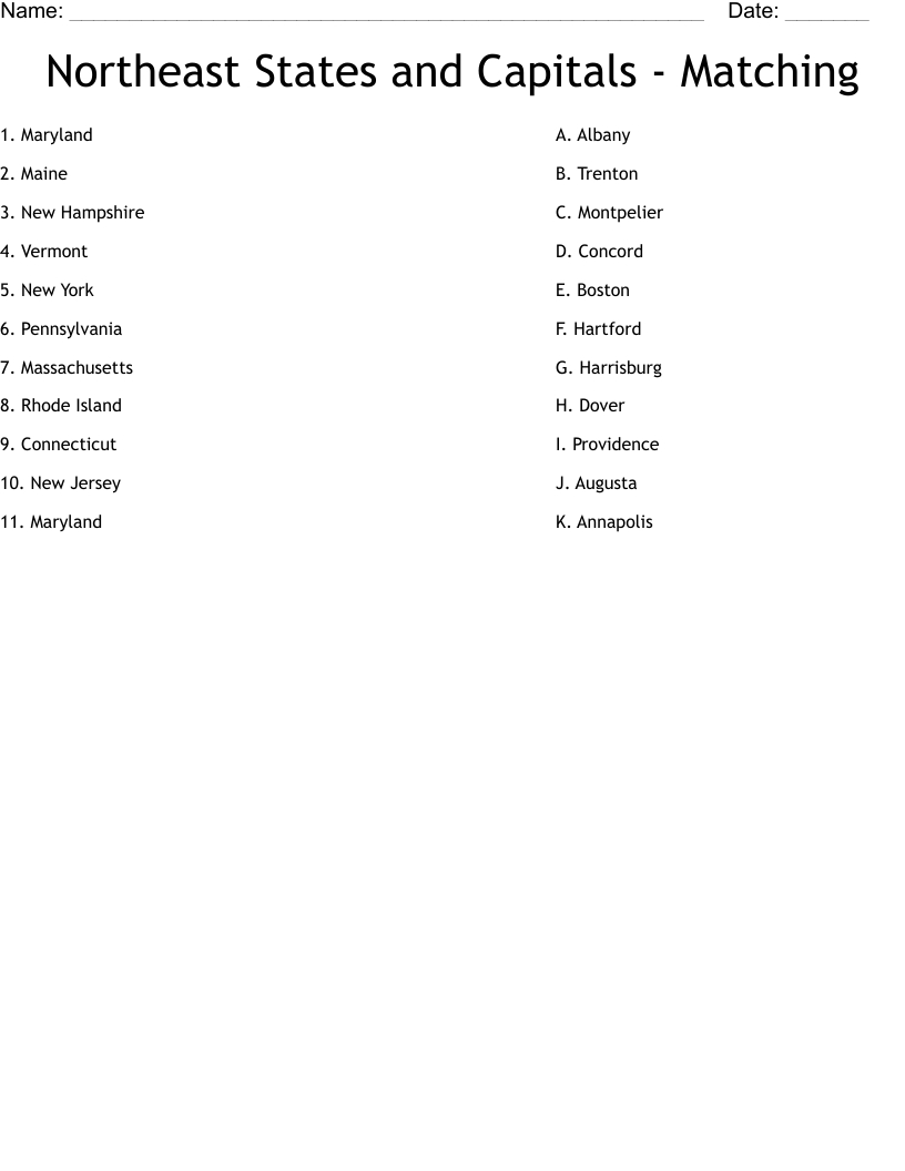 Northeast States And Capitals - Matching Worksheet - Wordmint regarding Northeast States and Capitals Quiz Free Printable