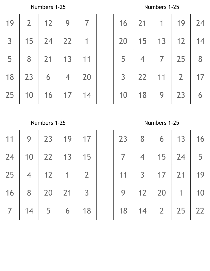 Numbers 1-25 Bingo Cards - Wordmint pertaining to Free Unlimited Bingo Card Generator 1 75