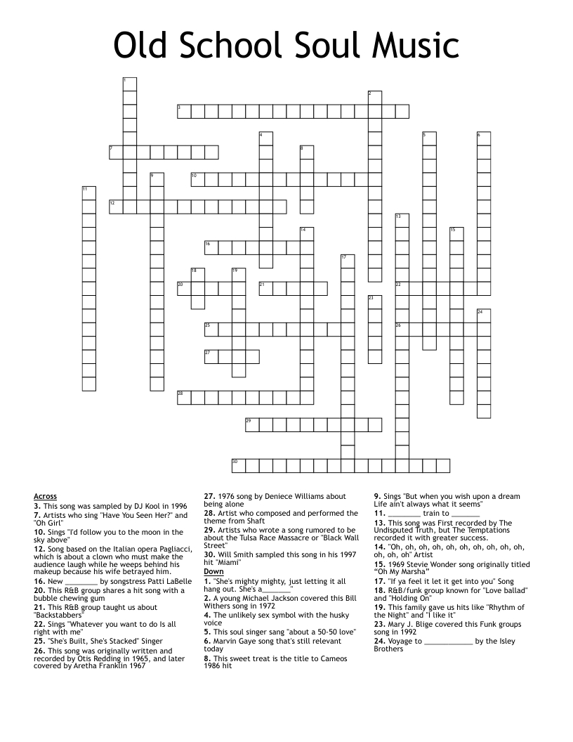 Old School Soul Music Crossword - Wordmint - Worksheets Library for Printable Crossword Puzzles Music