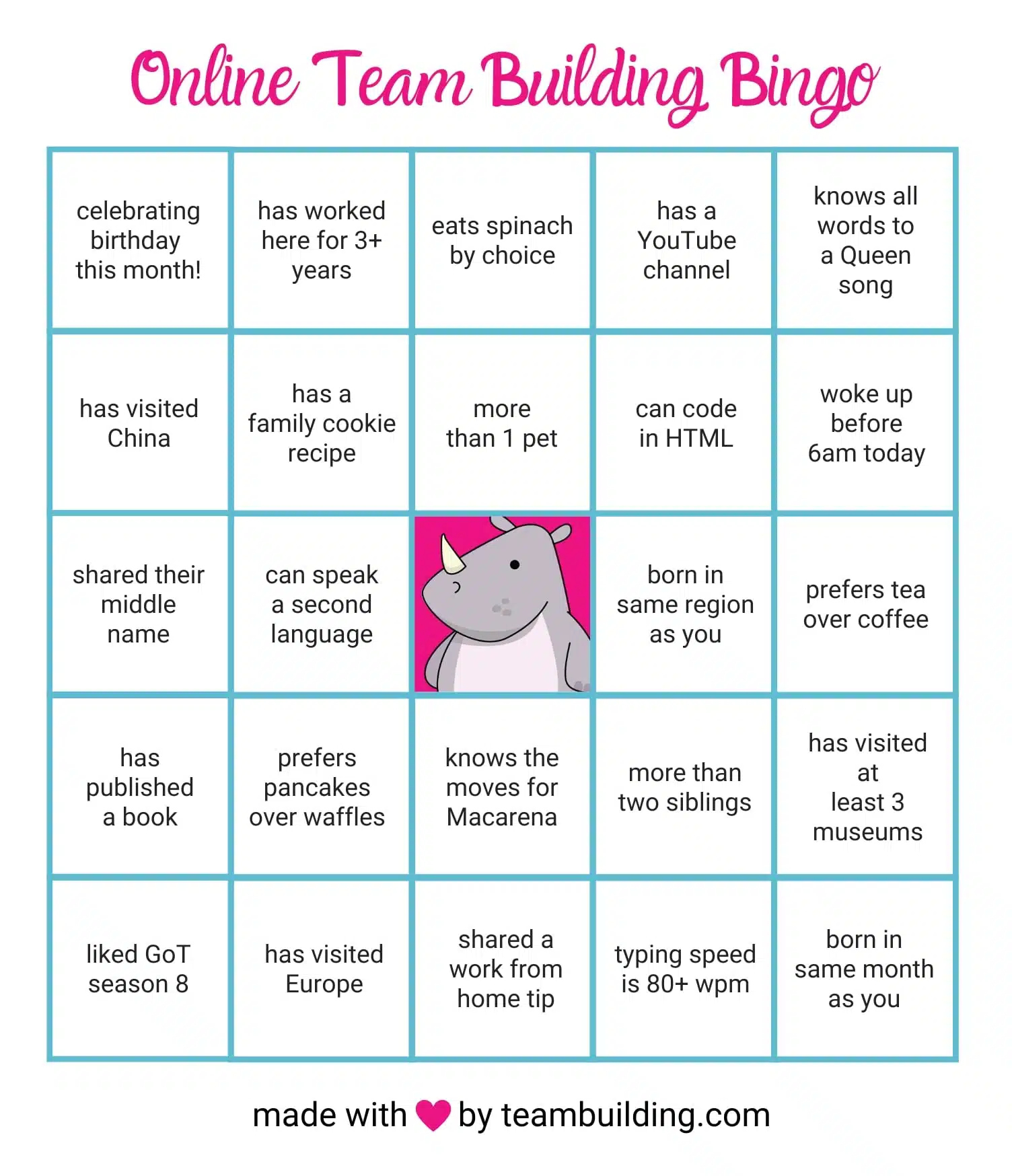 Online Team Building Bingo: Rules &amp;amp; Free Game Board with regard to Team Building Bingo Card Generator