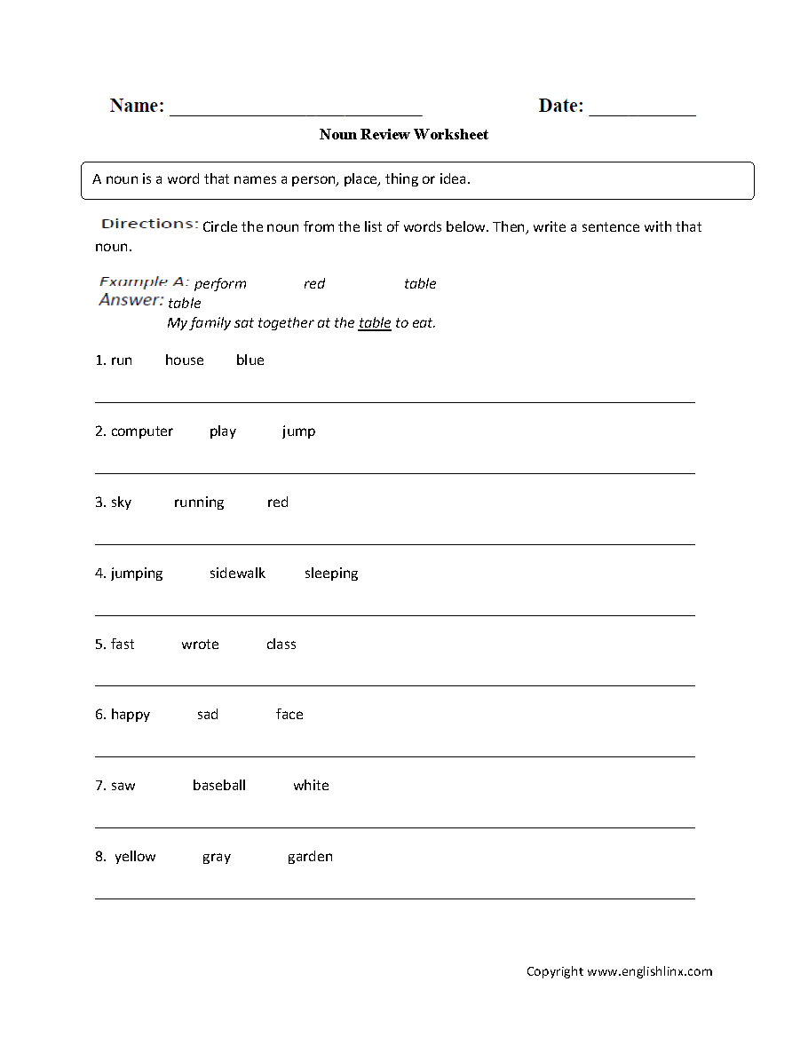 Parts Speech Worksheets | Noun Worksheets intended for Printable Grammar Worksheets For Grade 7