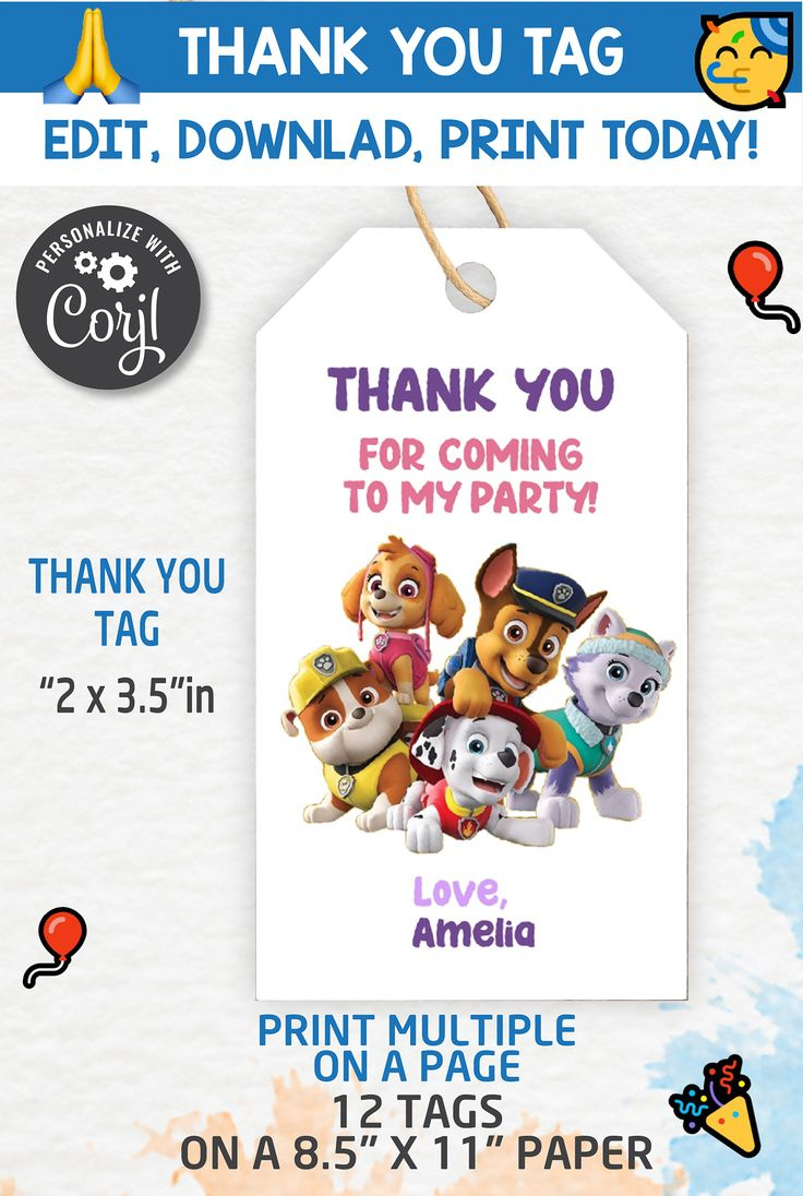 Paw Patrol Thank You Tags, Thank You Gift ,Paw Patrol Party, Paw within Free Printable Paw Patrol Thank You Tags