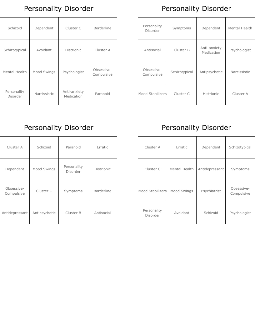 Personality Disorder Bingo Cards - Wordmint for Mental Illness Bingo Card