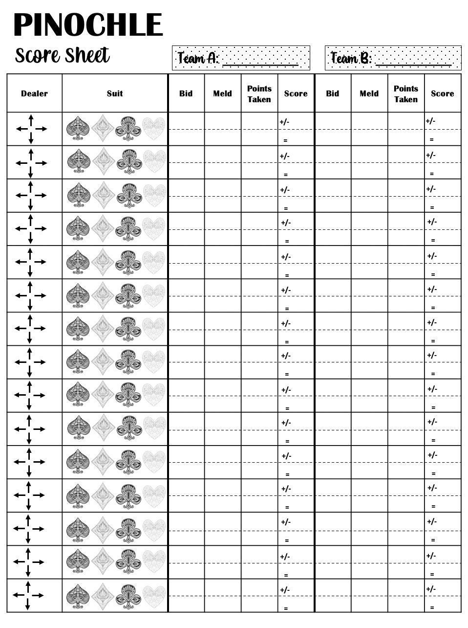 Pinochle Score Card - Pinochle Scoresheet - Pinochle Score Pads for Free Printable Pinochle Score Sheets