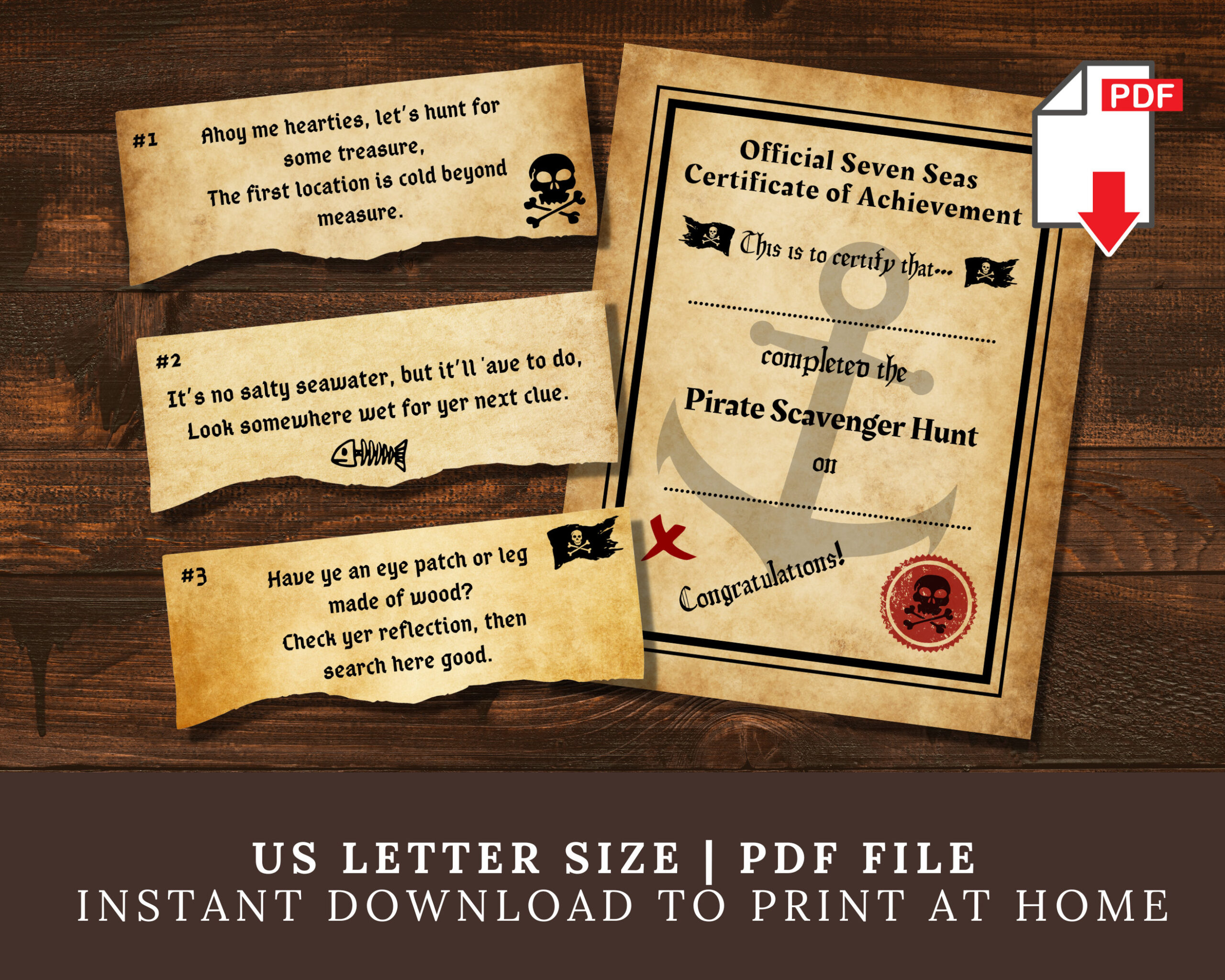Pirate Scavenger Hunt Clues (Printable), Pirate Party Game For with Printable Pirate Treasure Hunt Clues