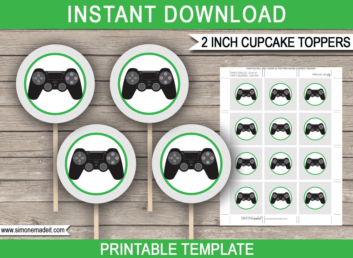 Playstation Party Cupcake Toppers Template - Green pertaining to Free Printable Video Game Cupcake Toppers