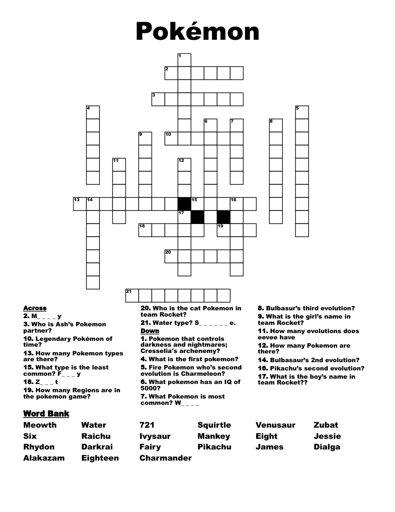 Pokémon Crossword - Wordmint inside Pokemon Crossword Printable