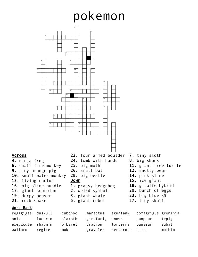 Pokemon Crossword - Wordmint within Pokemon Crossword Printable