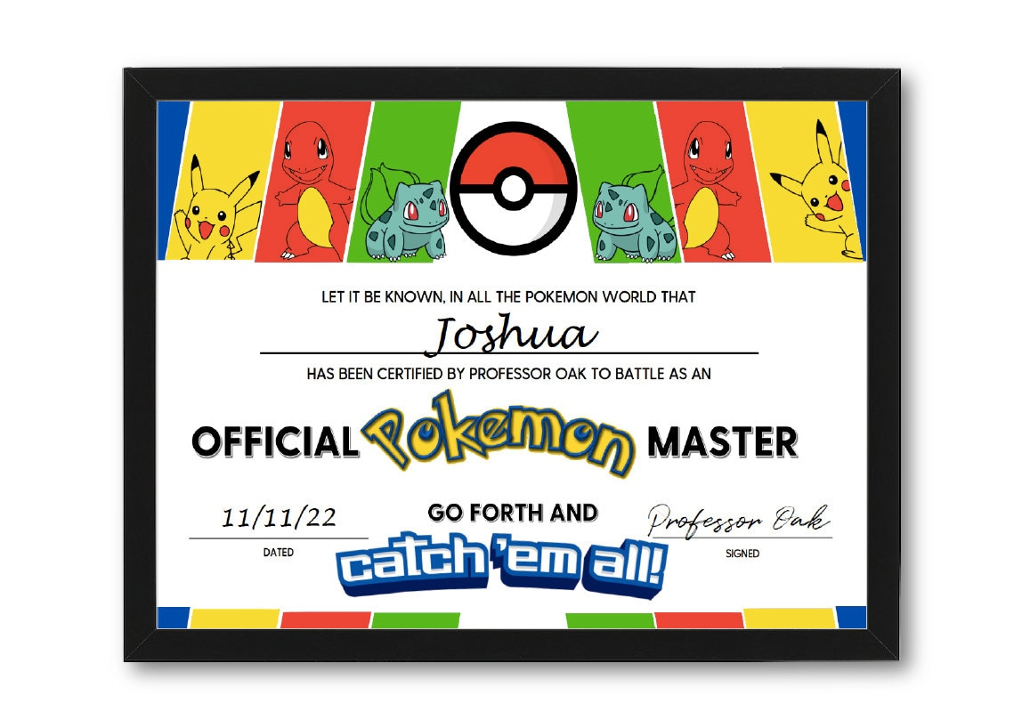 Pokemon Master Certificate Party Favour Party Game Pokemon Party pertaining to Pokemon Trainer Certificate Free Printable