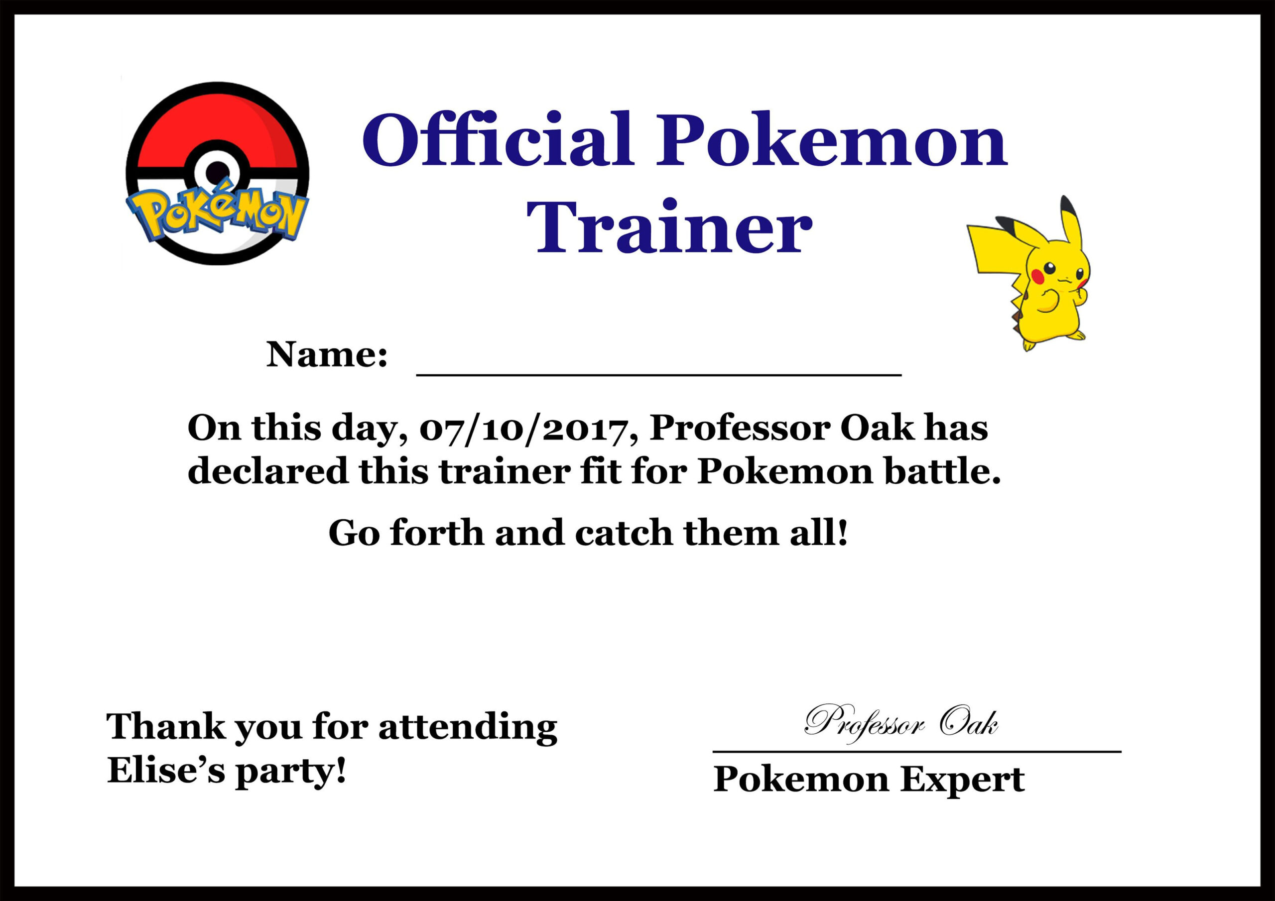 Pokemon Trainer Certificate | Pokemon Birthday Party, Pokemon pertaining to Pokemon Trainer Certificate Free Printable