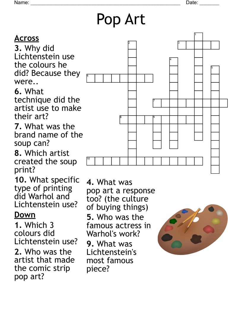 Pop Art Crossword - Wordmint with Art Crossword Puzzle Printable